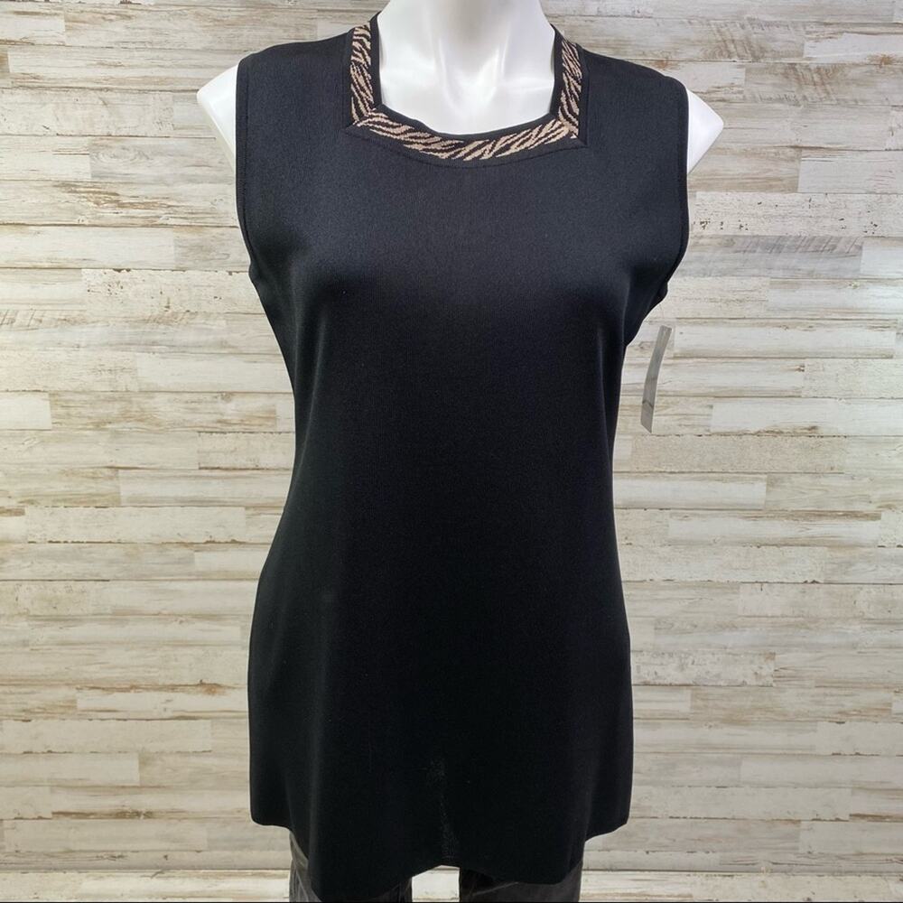 Misook Sleeveless Knit Top Womens Size S Black Animal Print Trim Classic Tank